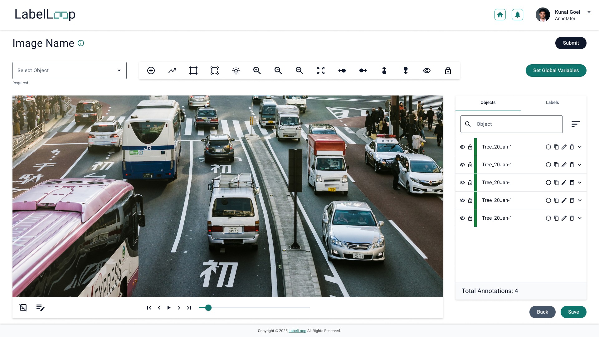LabelLoop annotation canvas — object list, shortcut toolbar, submit and save states
